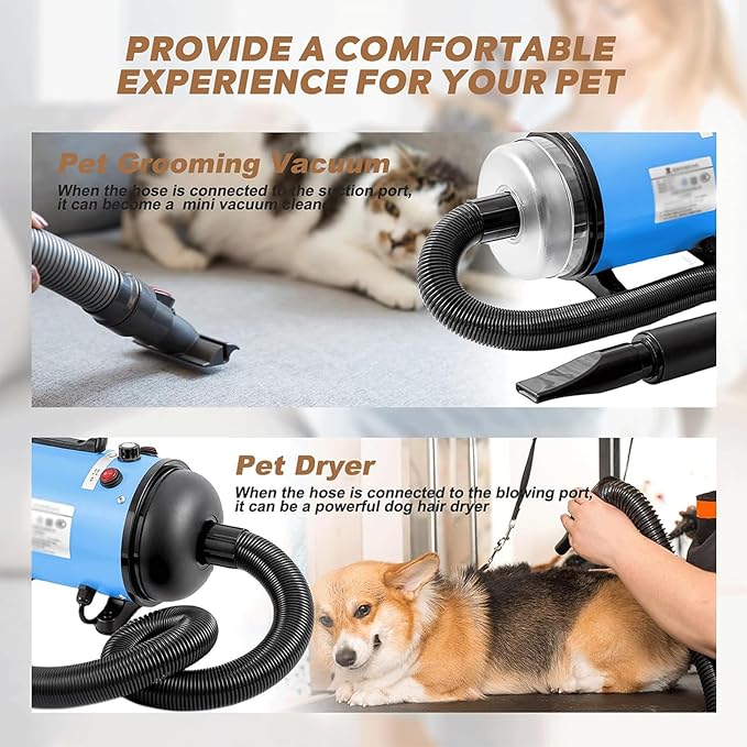 Upgraded 2-in-1 Pet Hair Dryer and Vacuum, Dog Grooming | with Switchable Hose, Adjustable Temp & Speed, Low Noise, 4 Nozzles,Brush, trim and deshed at home, less flying fur