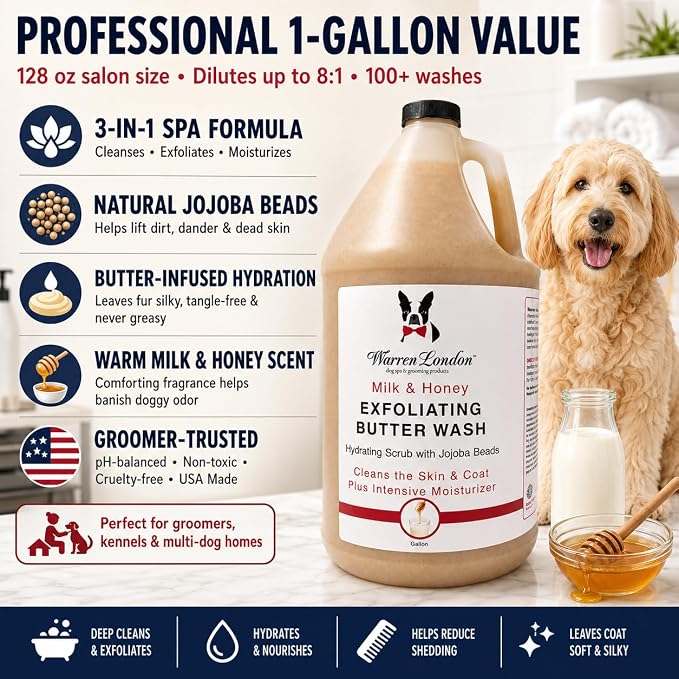 Warren London Exfoliating Butter Wash – Milk & Honey Dog Shampoo, 1-Gallon Pro Size | Cleans, Exfoliates & Deep-Conditions | Jojoba Beads Remove Dandruff & Itch | Dilutable, Non-Oily Shine | USA Made