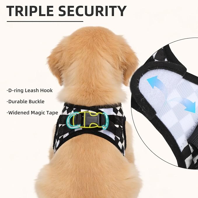 PUPTECK Adjustable Dog Harness Collar and Leash Set Step in No Pull Pet Harness for Small Medium Dogs Puppy and Cats Outdoor Walking Running, Checkered Black&White S