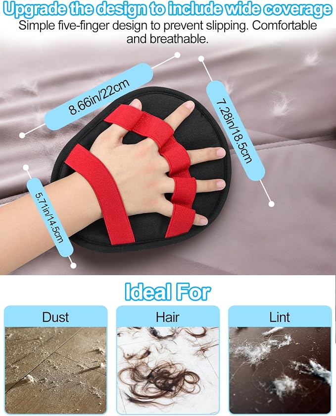 Pet Hair Removal Glove，Five-Finger Design Electrostatic Magic Brush Pet Hair Remover, Reusable Grooming Gloves, Cat & Dog Hair Tool for Carpet, Couch, Furniture and Clothing (Red)