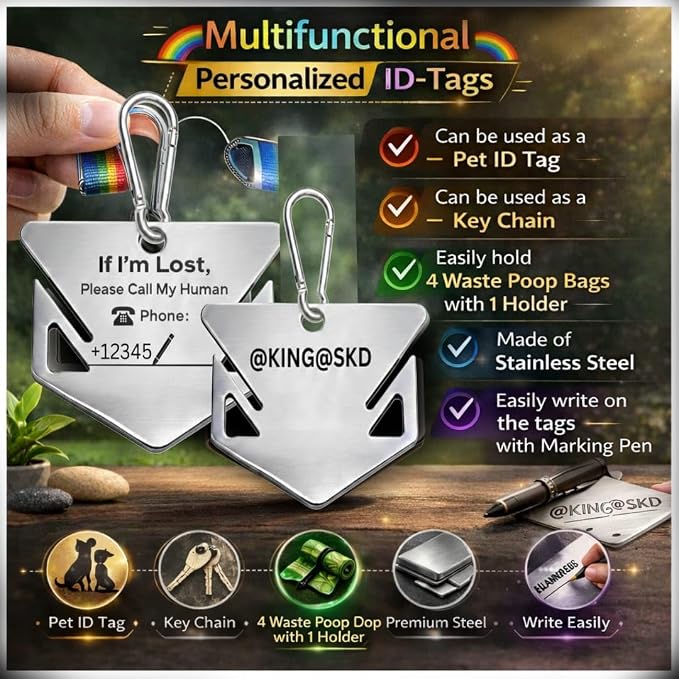 Dog Poop Bag Holder for Leash, Stainless Steel Hands-Free Waste Bag Carrier with Writable Pet ID Tag, Holds Up to 4 Used Bags, Heavy Duty Dog Walking Accessory for Daily Walks & Travel