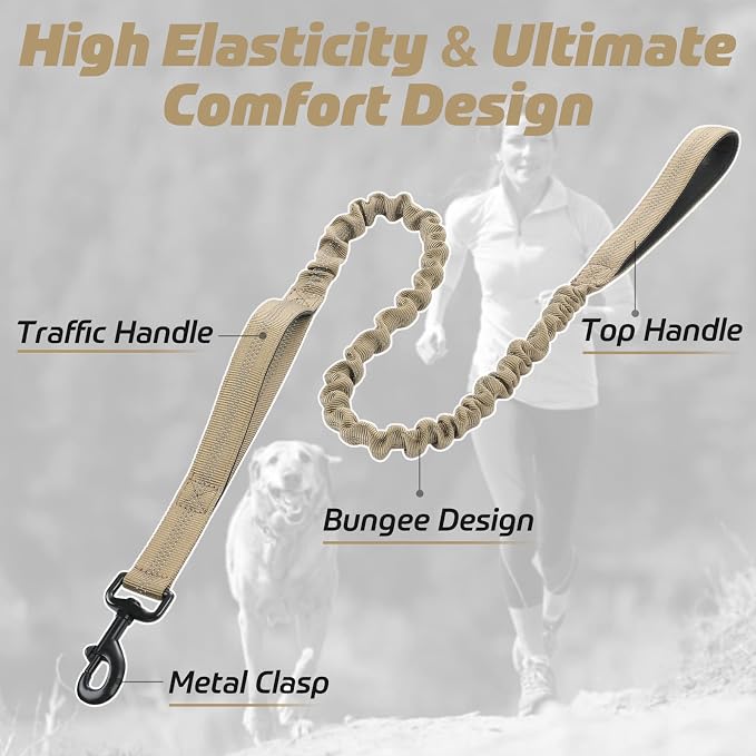 rabbitgoo Tactical Dog Leash, Heavy Duty Training Bungee Lead | Military Leash with 2 Padded Control Handles for Medium Large Dogs, No Pull for Shock Absorption, Reflective, Brown, 6FT