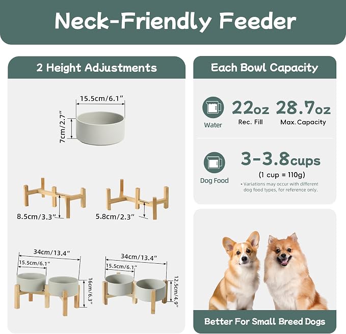 Havniva 6.1” Dog Bowls Elevated Ceramic Dog Food and Water Bowl Set, Double Raised Dog Water Bowl with Stand Non-Slip Rubber Base Two Heights Large Capacity Pet Food Bowl for Small & Medium Dogs
