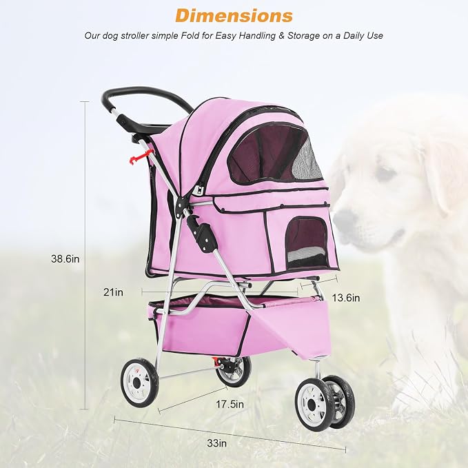 BestPet 3-Wheel Jogger Pet Stroller - Pink, Cup Holder & Removable Liner