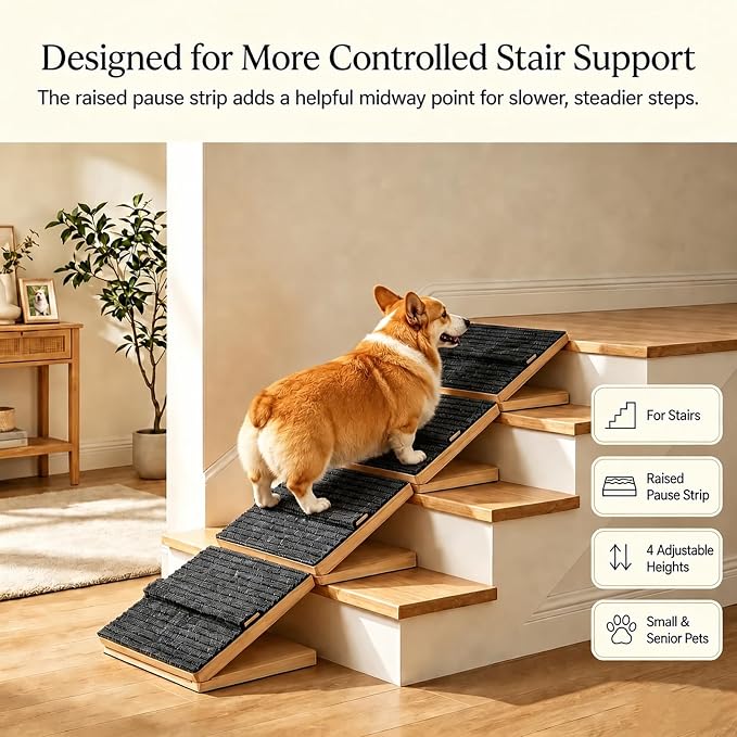 2 Pack Dog Ramp for Stairs - Adjustable Solid Wood Pet Ramp with 4 Heights, Foldable Design, Non-Slip Silicone Base, Traction Felt, Pause Strip, for Small Dogs