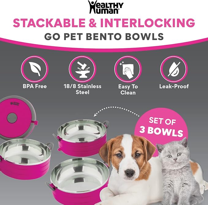 Healthy Human Travel Pet Bento Bowls, 3 Pack, Pink