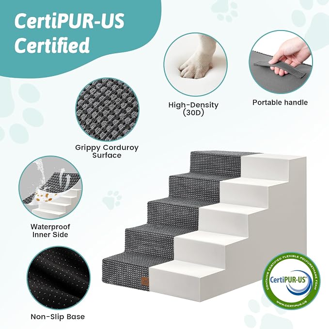 COZY KISS Dog Stairs for Small Dogs, 5 Step Pet Stairs for Beds & Couches | 17.7" H Non-Slip Dog Steps for Bed & Sofa, Gentle Incline for Puppies, Senior Cats, and Small Dogs, Charcoal Grey