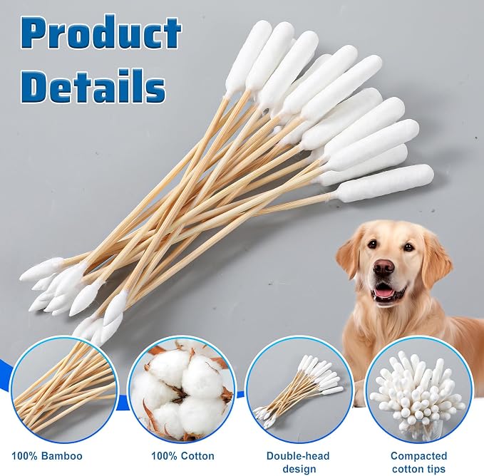 100PCS Long Cotton Dog Ear Swabs Double Sided Dog Ear Swabs 6 Inch Long Cotton Swab Large Double Sided Gentle Lint-Free Clean Wood Buds for Pet Dogs Ears Cleaning Wax Removal