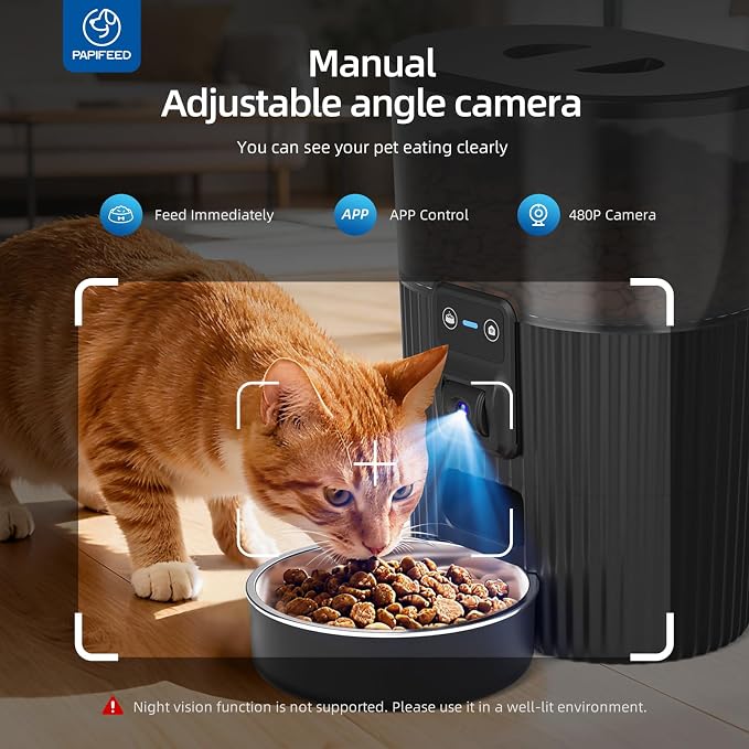 PAPIFEED Automatic Cat Feeder with Camera，‌Adjustable Angle 2.4G WiFi/App Pet Food Dispenser，3.5L/15 Cup Timed Dispenser