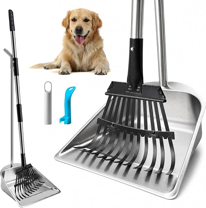 Dog Pooper Scooper for Large Dogs with Heavy Duty Stainless Steel Large Capacity Tray and 45" Carbon Steel Long Handle Rake, Rust-Proof Poop Scoop Set for Grass, Concrete and Gravel