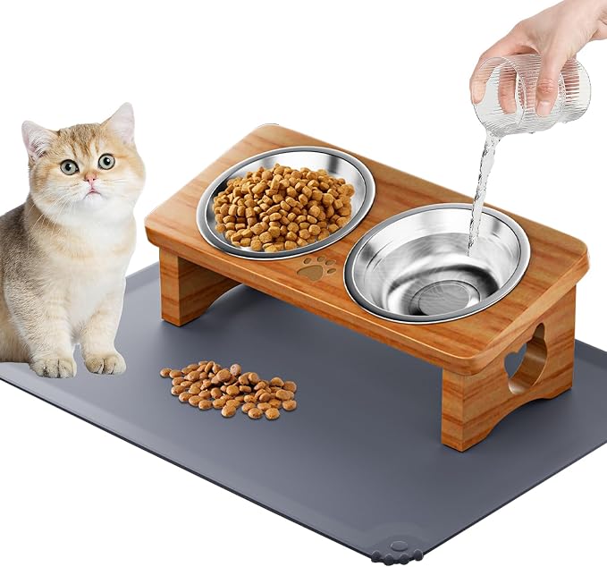 Elevated Cat Bowls with Silicone Mat, 15° Tilted Solid Wood Stand, Raised Stainless Steel Food & Water Dishes for Cats and Small Dogs, Anti-Vomiting Design(Teak)
