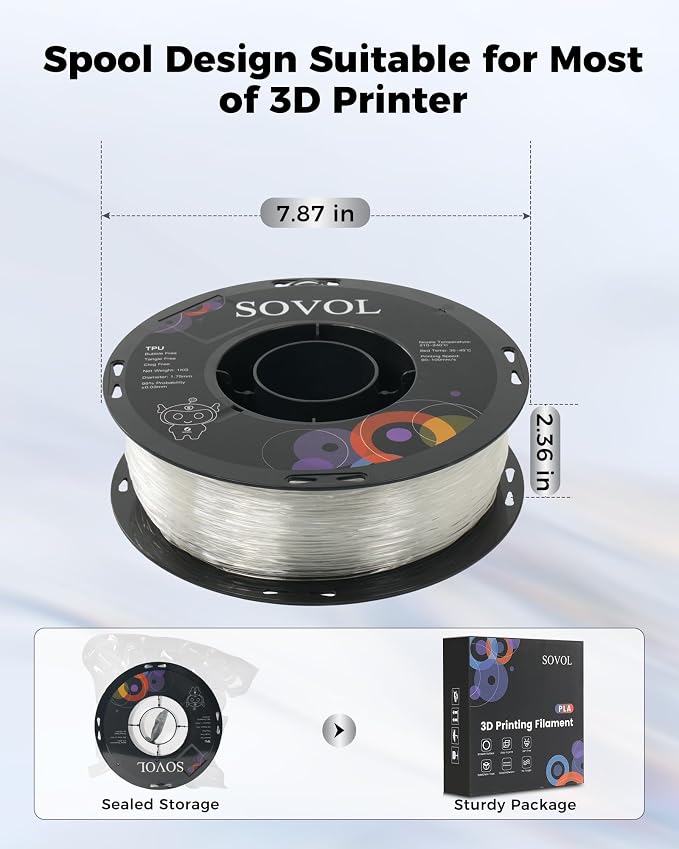 Sovol TPU Filament 1.75mm, 95A Soft TPU Flexible 3D Printer Filament with High Elasticity, 1kg (2.2lbs), Dimensional Accuracy +/- 0.03 mm, Fit Most FDM Printer, Clear
