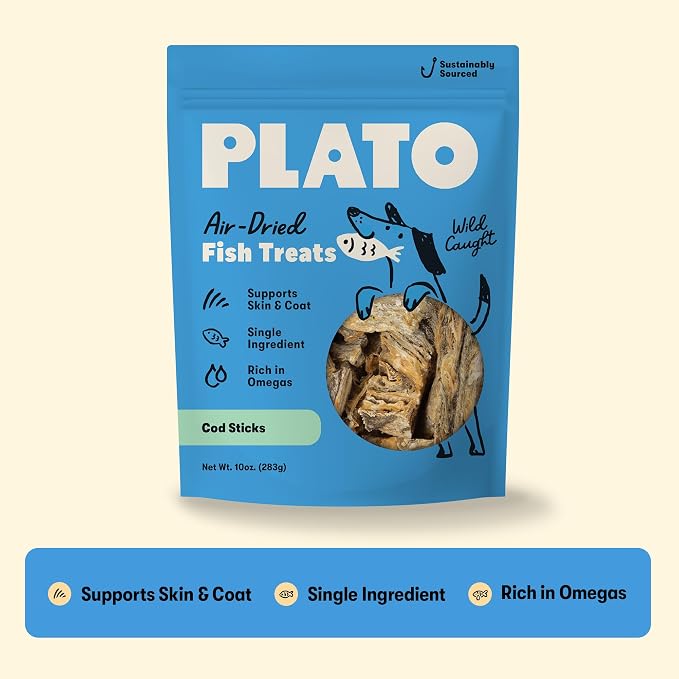Plato Single Ingredient Wild-Caught Cod Skin Sticks Dog Treats, Air-Dried Omega-Rich Skin & Coat Support, 10 oz