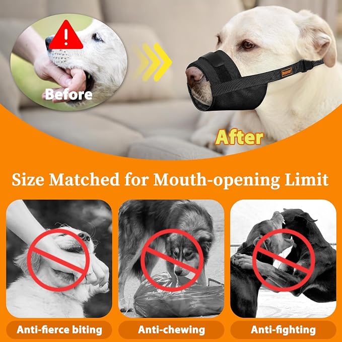 Adjustable Dog Muzzle, Fabric Medium Large Dog Muzzle Anti Biting | Soft & Sturdy, Prevents Fierce Barking Chewing, Grooming Walking Vet Visits Nail Care Use, Allows to Pant & Drink | Black, L
