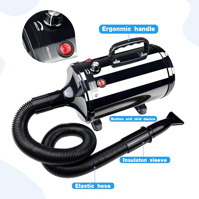 Dog Dryer High Velocity Professional Pet Grooming Dryer | Adjustable Temperature and Speed for Pets with 4 Nozzles