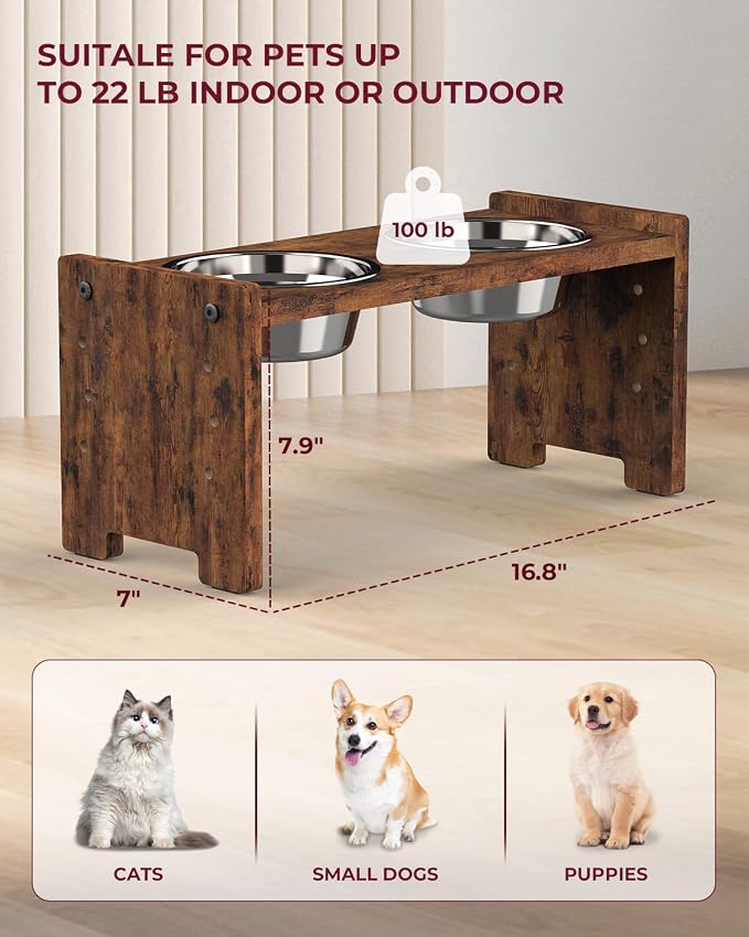 Vantic Elevated Dog Bowls, Adjustable Raised Dog Bowl Stand for Small Puppy and Cats, Sturdy Pet Food Feeder with 2 Stainless Steel Dishes, Rustic Brown