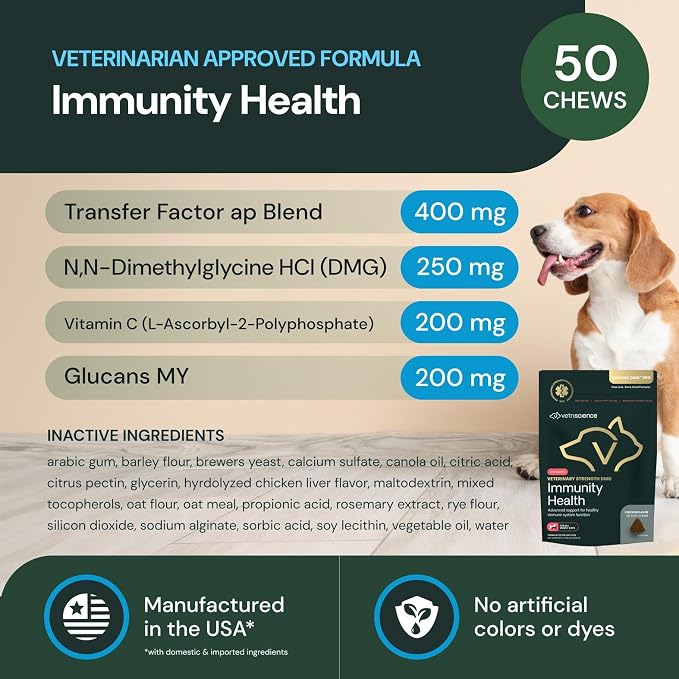VetriScience Immunity Health, Chicken Flavor, 50 Chews | Immune System Support for Dogs & Cats with Veterinary Strength DMG, Liver Aid, Antioxidant Support for Pets