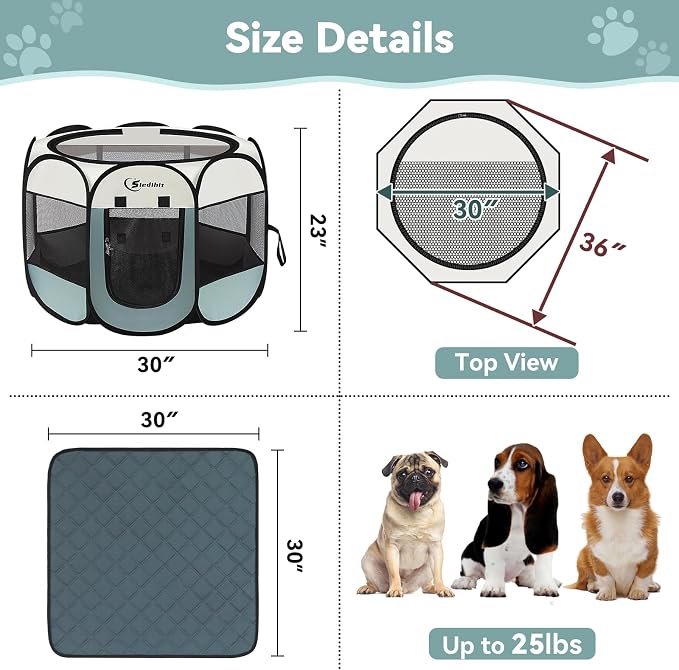 Siedihit Medium Dog Cat Playpen, Puppy Pet Playpen Indoor for Dog Crate Tent Cage Outdoor, Portable Pop Up Dogs Enclosure Kennel with Carrying Case for Dogs/Cats/Rabbits (Grey with Pad, Medium)