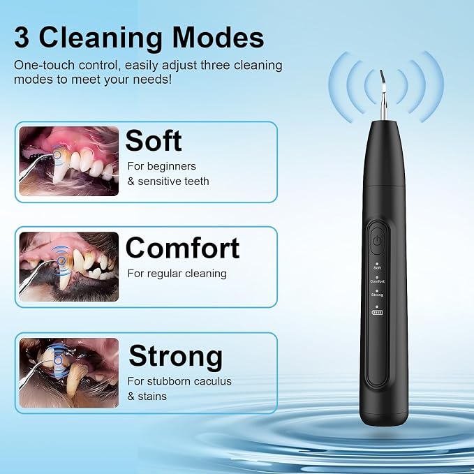 Ultrasonic Dog Plaque Remover Tool, 3 Modes Plaque and Tartar Remover for Dogs, Low Noise Sonic Dog Tartar Remover Dogs Plaque Remover with Toothbrush 2 Cleaning Head for Pet Dental Care, Black