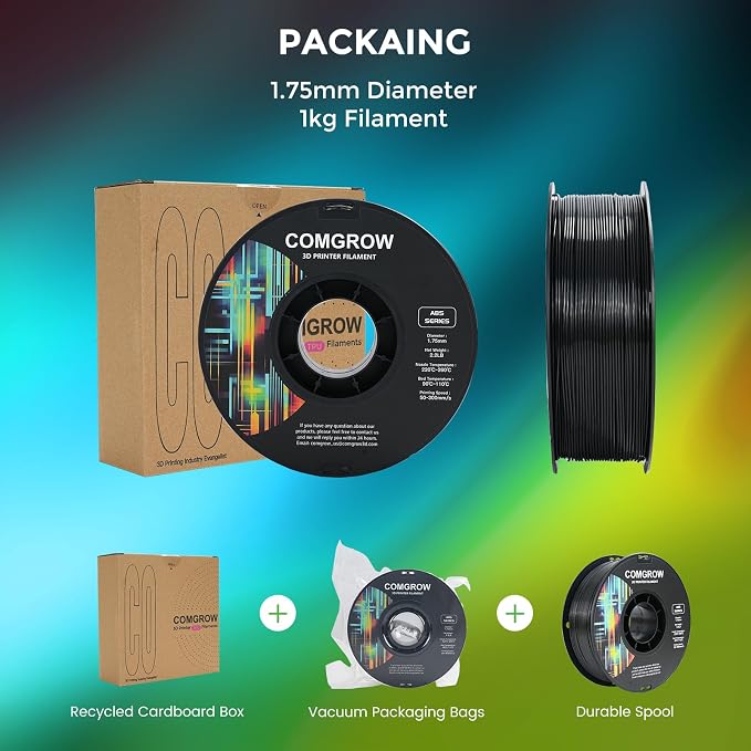 Comgrow ABS 3D Printer Filament, 1.75mm, Heat Resistant, 1kg, Black