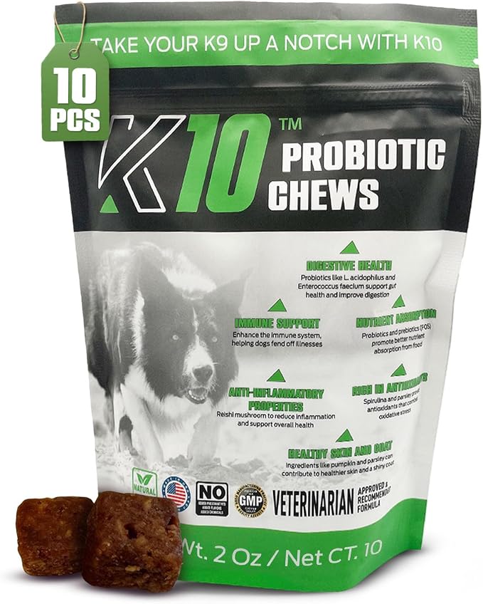 K10 Probiotic Chews for Dogs, Probiotic & Prebiotic Formula, 10 Count
