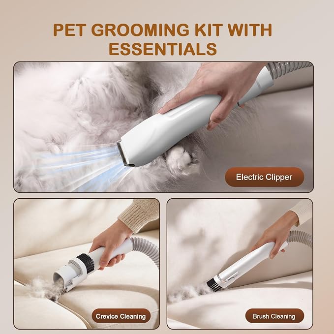 Dog Grooming Vacuum, Dog Grooming Kit with Pet Clipper Nail Grinder, 3 Suction Modes Dog Brush Vacuum with 6 Pet Grooming Tools (Cream)