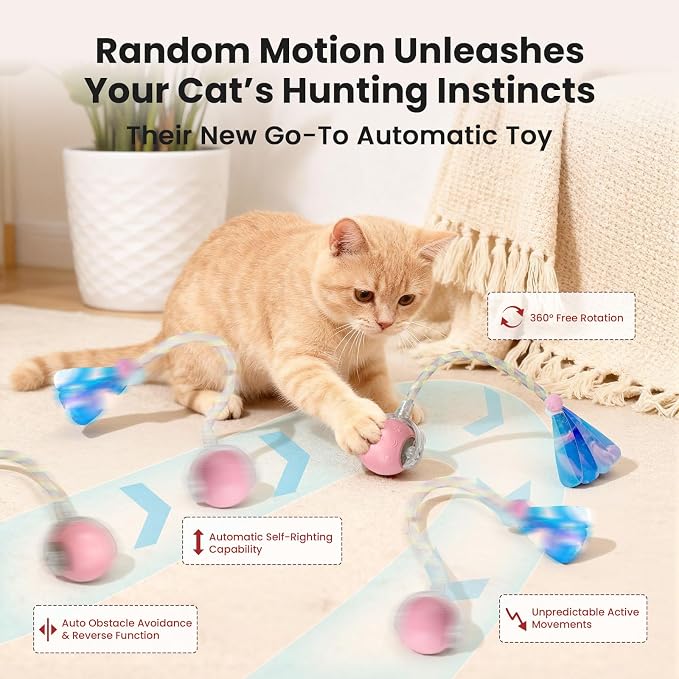 Rocfish Durable Interactive Cat Toys for Indoor Cats (Pink, 03) | Smart Automatic Cat Chase Ball Toy, Upgraded Speedy Tail Kitten Toy for Bored Indoor Adult Pets