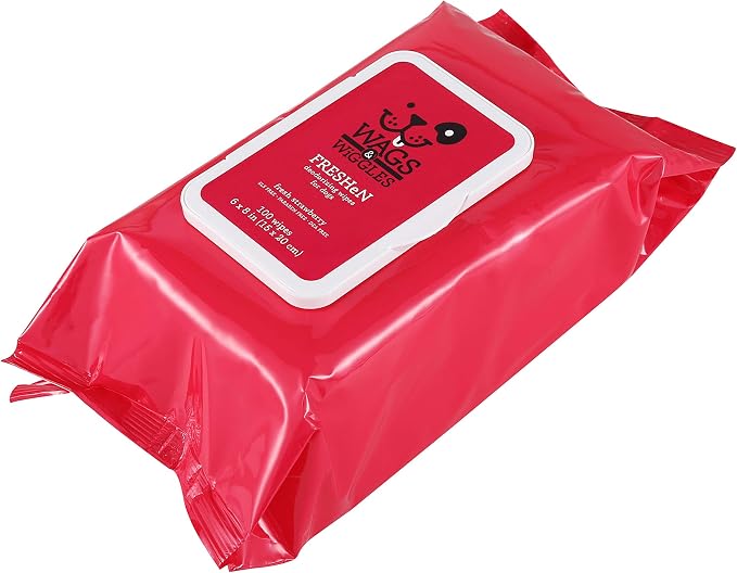 Wags and Wiggles Freshen Deodorizing Wipes for Dogs, Fresh Strawberry Scent - Dog Wipes that Eliminate Odors Between Baths, Easy at-Home Grooming, Dogs and Puppies, 100 Count - 12 Pack