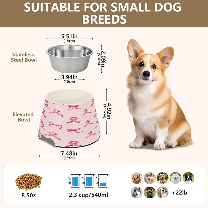 Blueangle Elevated Dog Bowls with Stainless Steel - Non-Slip 2.3 Cup High Capacity Pet Dish for Spinal Health & Red Bows Design（209）