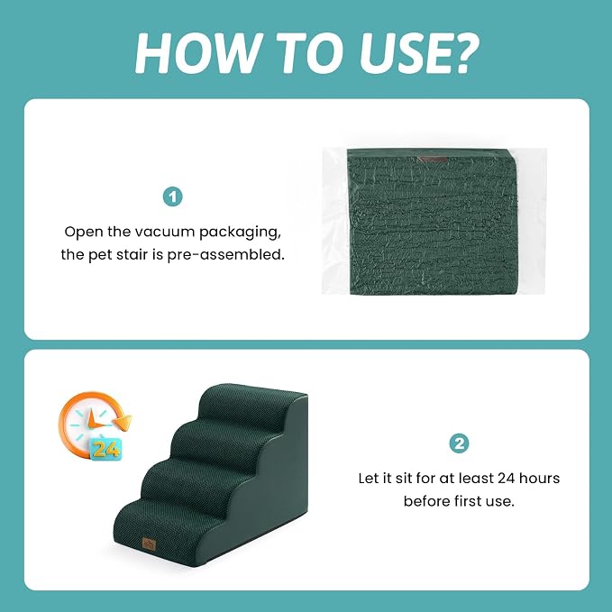 COZY KISS Wide Dog Stairs for Small Dog 19.7" H, Pet Step for Puppy, Older Cat, Curved Ramp for Bed, Durable Anti-Slip Ladder with High Density Foam, 4 Step, 17.7x28x19.7 inch, Dark Green
