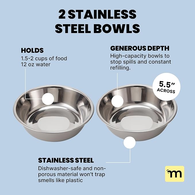 MalsiPree Elevated Dog Bowls for Small Dogs - 6.5" Raised Dog Bowl Stand with Splash Guard - Portable Folding Pet Feeding Station with 2 Stainless Steel Bowls - Travel Road Trip Foldable Collapsible