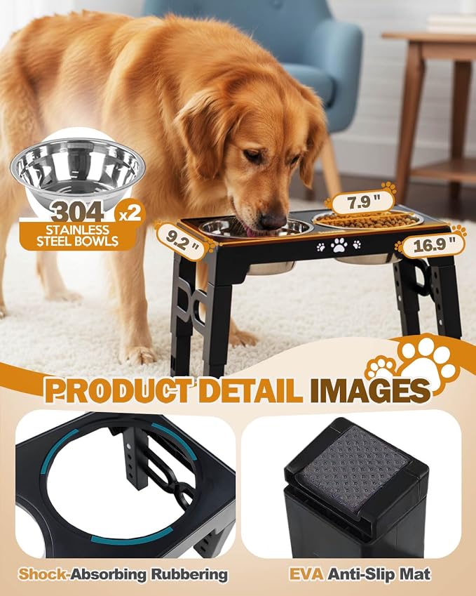 Jovrun Elevated Dog Bowls for Small Medium Large Size Dogs, Non-Slip Dog Feeder with 2 Food Water Bowls, 2-5 Heights Adjustable Raised Bowls Stand