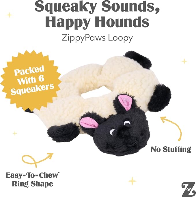 ZippyPaws Loopy No Stuffing Dog Toys to Keep Them Busy - 10" | For Small, Medium, & Large Dogs, Squeaky Pet Toy for Boredom, Unstuffed Chew Toy, Soft Plush Puppy Products, Sheep