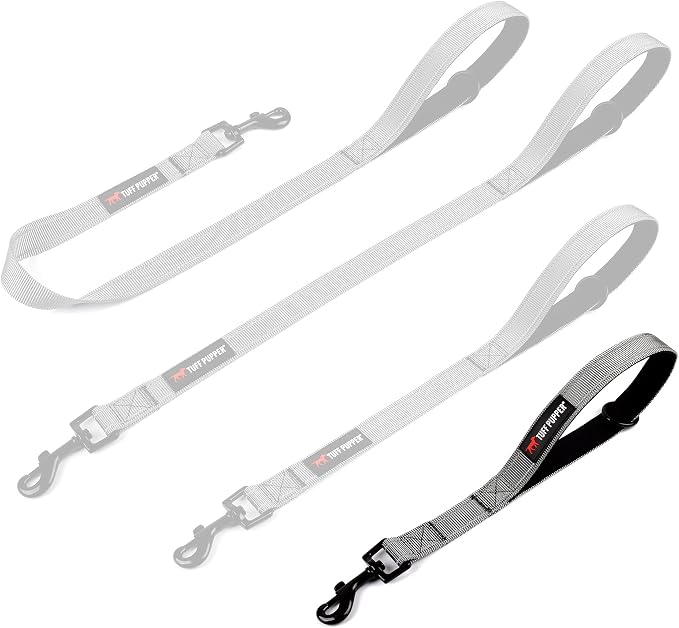 Tuff Pupper Short Dog Leash for Dog Training | 12 Inch | Perfect for Service Dog Harness & Short Training Leash | Traffic Leash Handle w/Padding | Short Leash Dog Coupler Steel Gray