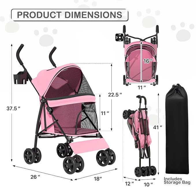 MoNiBloom 4-Wheel Foldable Pet Stroller - Pink, up to 22lbs