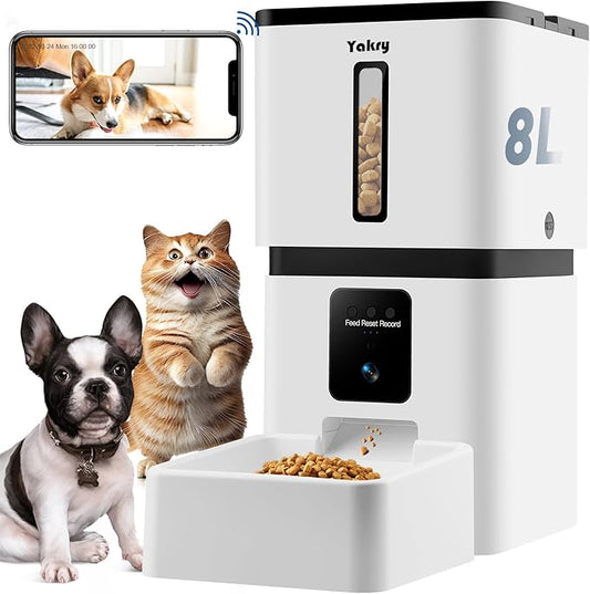 Yakry Automatic Dog Feeder with Camera - 8L/33 Cups Smart Pet Feeder for Small/Medium Dogs & Cats, 5GHz/2.4GHz WiFi App Control, 1080P HD Night Vision, 2-Way Audio, Timed Dry Food Dispenser Indoor