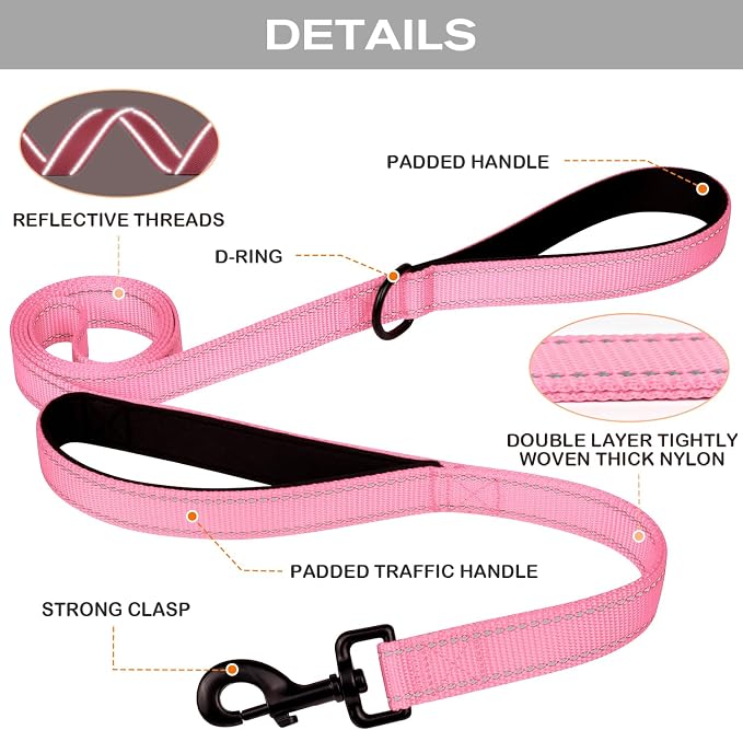 Joytale Dog Leash for Large Dogs that Pull, Double Handle, 4FT, Pink | Traffic Handle for Control, Padded Handle Reduces Hand Strain, Reflective Stitching for Night Safety, Strong Nylon Webbing