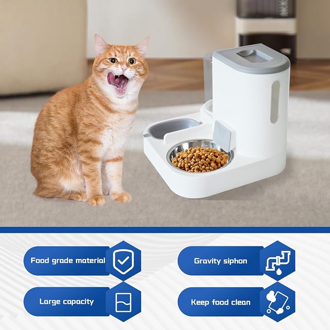 Automatic Cat Food and Water Dispenser Set 2 in 1, 2 in, Stainless Steel, Gray
