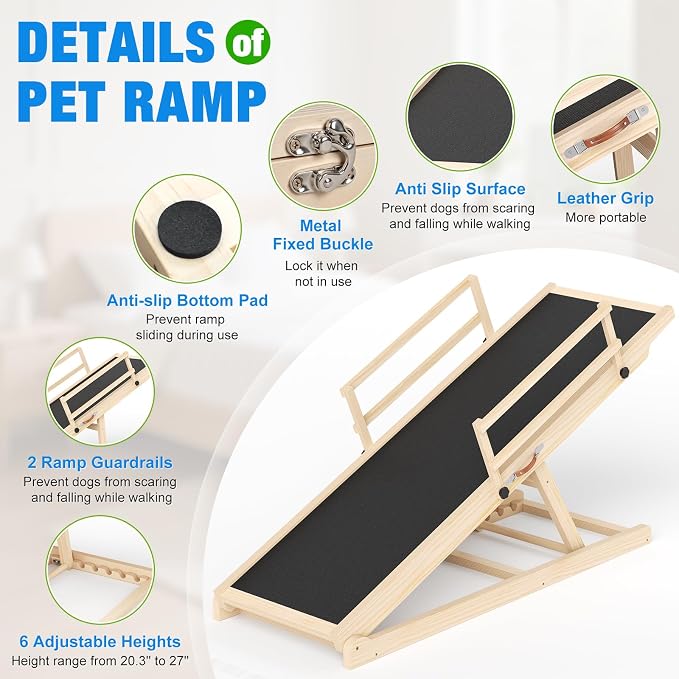 Tresbro Dog Ramp for Bed, 47'' Long 20.3''-27'' Adjustable Height Pet Ramp | 6 Adjustable Height, Anti-Slip & Easy Clean Surface, Capacity Up to 200LBS, Easy to Store & Portable, Guardrails for Safety