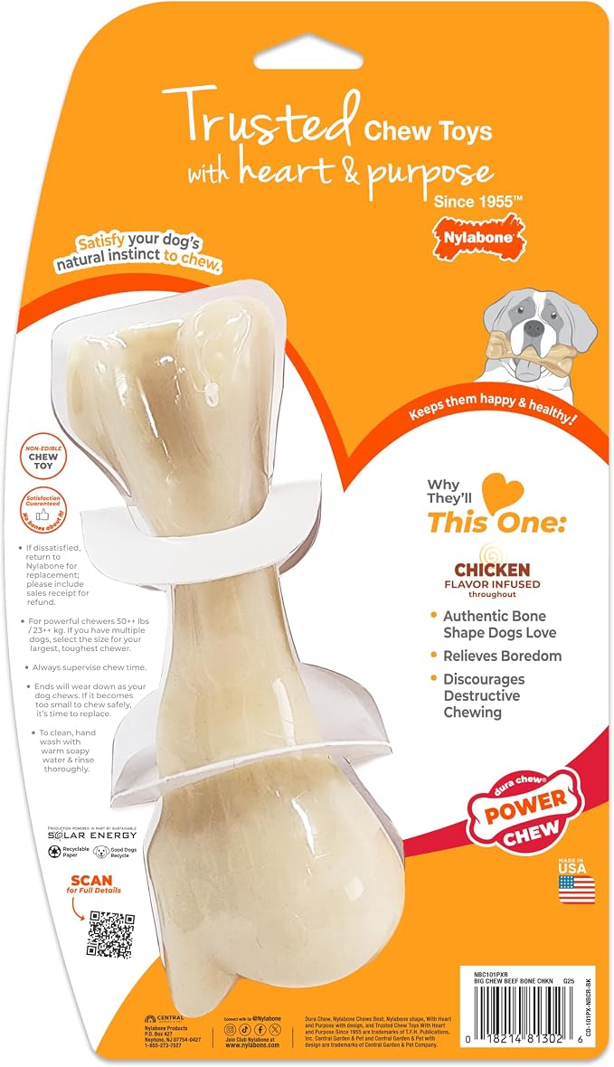 Nylabone Power Chew Butcher Bone Dog Chew Toy, Chicken Flavor, XX-Large | Durable dog toys for aggressive chewers, long lasting, discourages destructive chewing, for dogs 50++ lbs