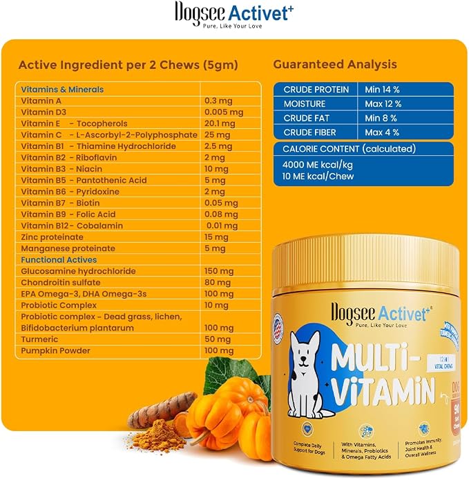 Dogsee Activet+ Dog 12 in 1 Multivitamin Supplement Chews, with Vitamins, Minerals, Probiotics, Omega 3 & Glucosamine for Overall Dog Health, Chicken Flavor – 90 Chews