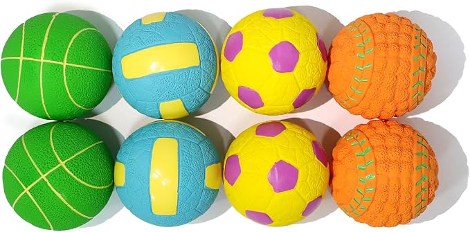 Squeaky Dog Balls, Interactive Funny Puppy Chew Toys for Fetch Play to Keep Them Busy, Latex Rubber Pet Tennis Soccer Ball Toy Bundle (8 Pack) for Puppies Small Breed Dogs
