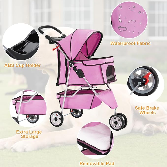 BestPet 3-Wheel Jogger Pet Stroller - Pink, Cup Holder & Removable Liner