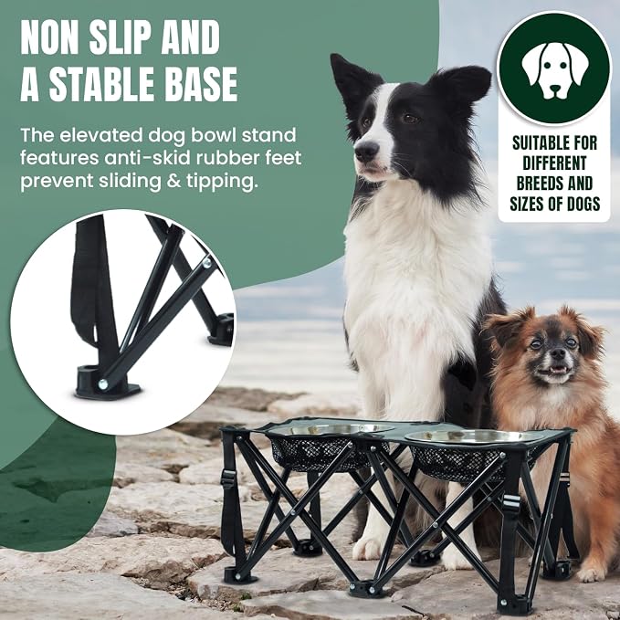 Foldable Camping Elevated Dog Bowl Stand – 10" Height Raised Dog Feeding Stand with 2 Stainless Steel Bowls 2.6" Depth – Portable Food and Water Bowl Set for Medium and Large Dogs – Black