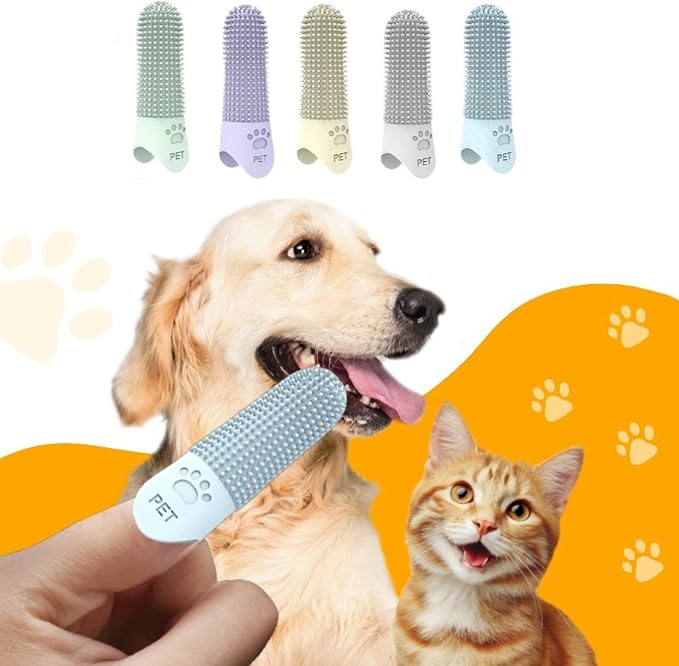 Silicone Finger Toothbrush for Dogs & Cats - 360° Oral Care, Breath Freshening, Tartar & Stain Removal, Food-Grade Soft, Long Design, Reusable, for S/M/L Pets (Grey 4-Pack)