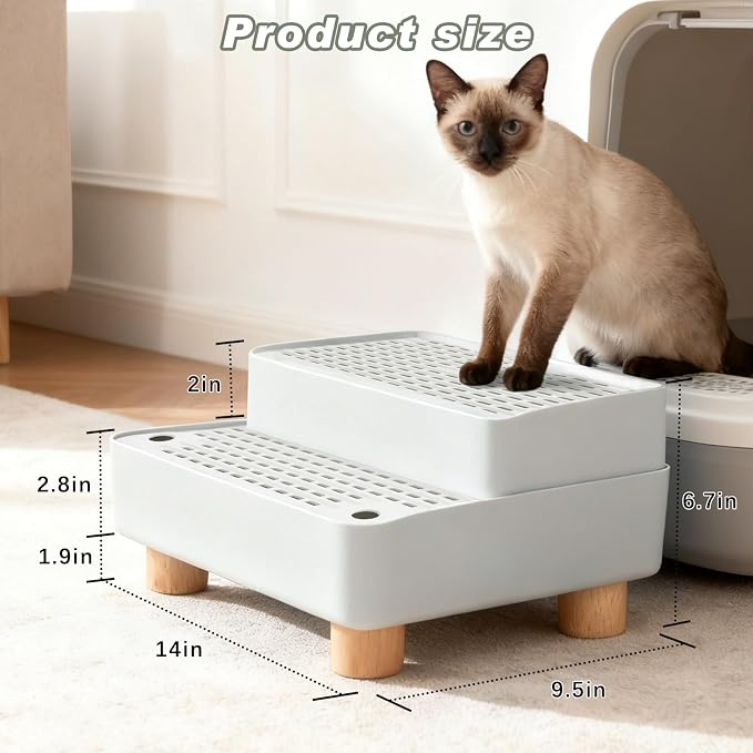 Elevated Cat Ramp for Litter Box, 2 Steps Cat Pedal Step Stool with Wooden Base, Detachable Double Layered Cats Litter Trapper, Suitable for Small&Elderly Cats, Non-Slip(Grey)