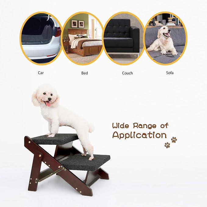 MEWANG Wooden Pet Stairs/Pet Steps - 2-in-1 Foldable Stairs & Ramp for Beds and Cars - Portable Dog/Cat Ladder Up to 220 Pounds - Great for Small and Older Animals(Brown) (17.3" L x 17.24" W x 13" H)