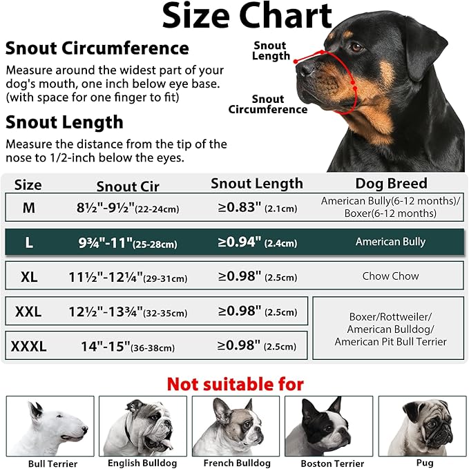 Soft Fabric Dog Muzzle for Pitbull Rottweiler Anti Fierce Biting | Fits Medium-Large Short Wide-Snouted Breed American Bully Boxer, Anti-Slip Strap, Walking Grooming Use, Allow to Drink | L