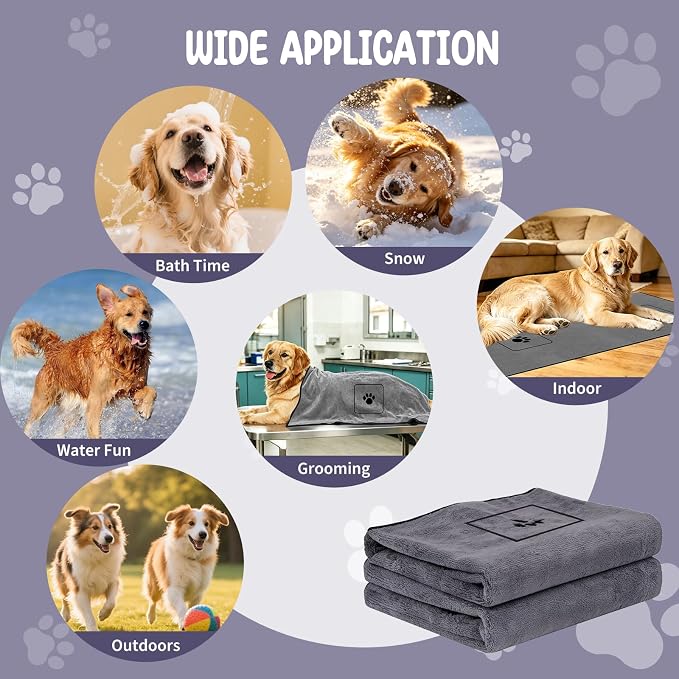 ATONET Microfiber Dog Towel with Two Pockets for Drying, 40"x23.6" Super Absorbent Pet Grooming Towel, Soft and Quick Drying for Large Dogs, Shower & Bath Supplies (Grey)