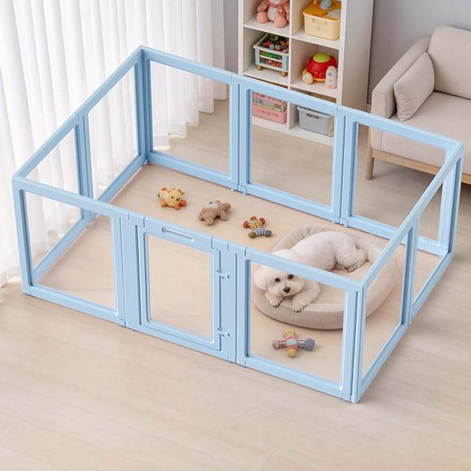 DIY Clear Acrylic Dog Playpen House,Quick Easy Assembly and Disassembly,Strong Floor Suction,Indoor and Outdoor Use,Easy Cleansing Puppy Fence (Sky Blue, 23.6" H, 10PCS)